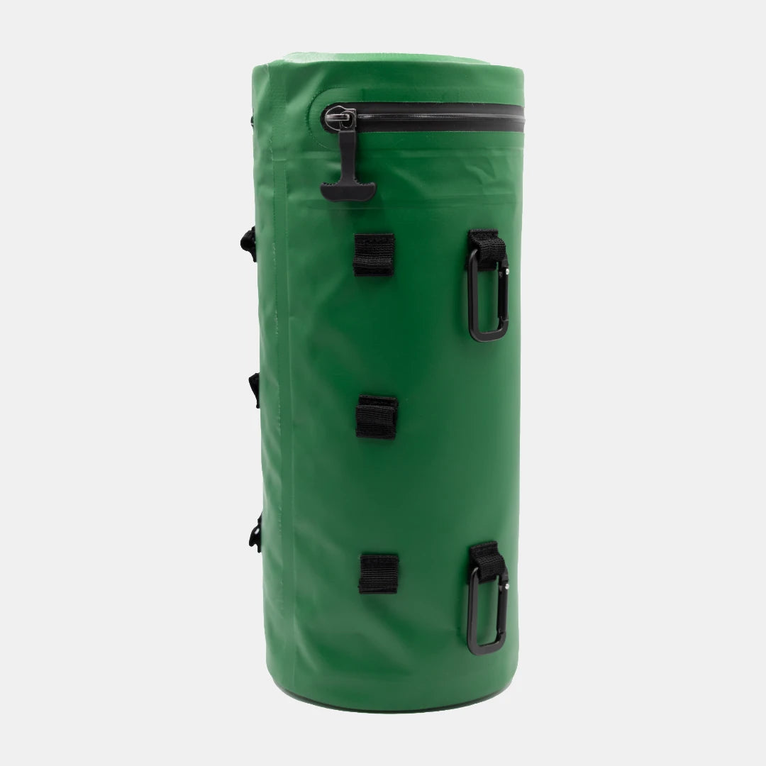 Green Tuube Cooler Bag 2.0 rear view showing 8 looping attachment points and PVC tarpaulin outer coating