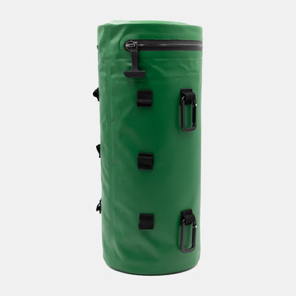 Green Tuube Cooler Bag 2.0 rear view showing 8 looping attachment points and PVC tarpaulin outer coating