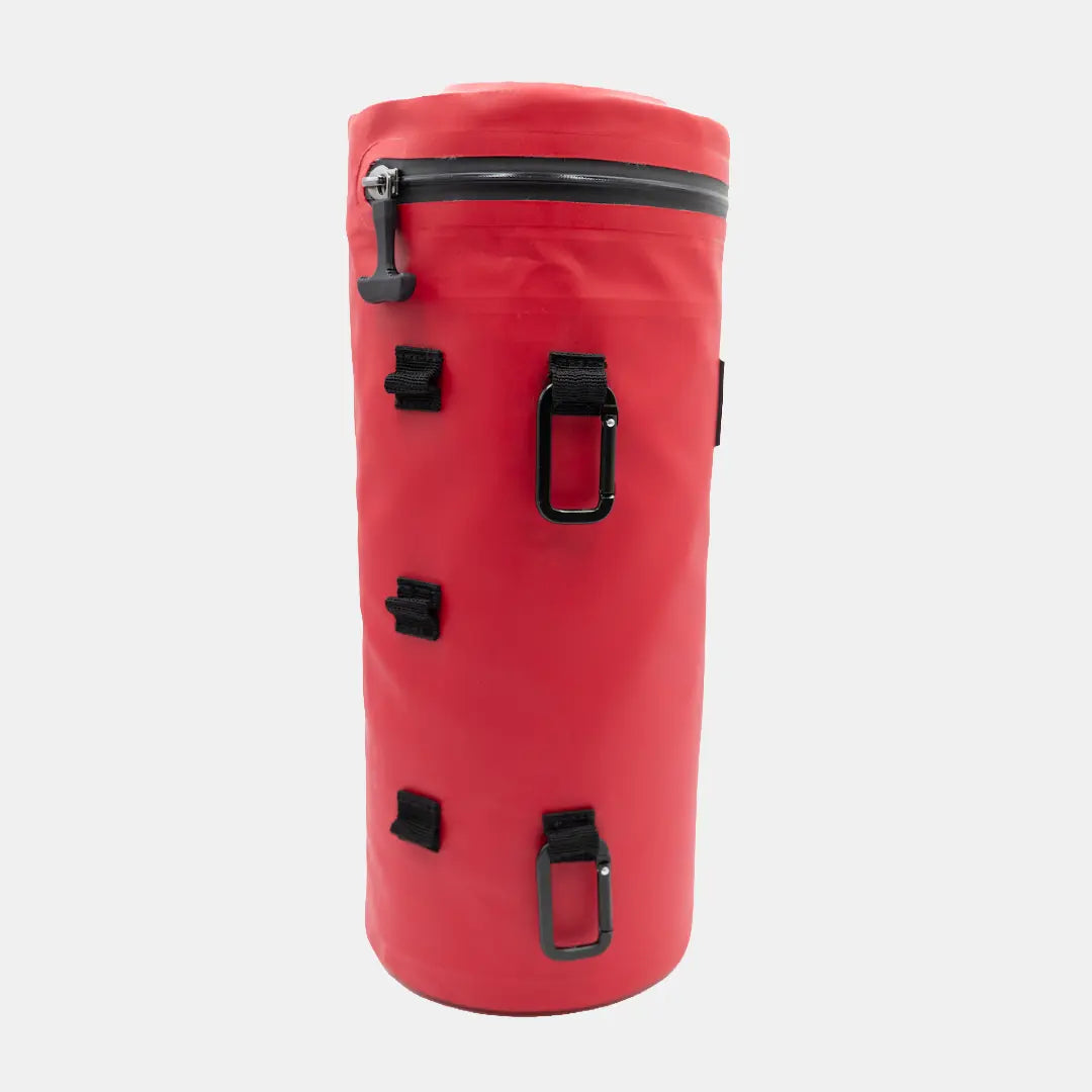Red Tuube 2.0 cooler bag flat-lay showing vibrant red PVC exterior and leakproof zipper construction detail
