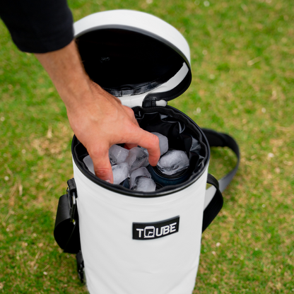 White Tuube 2.0 cooler bag product shot showing PVC tarpaulin exterior and 8 versatile looping points for golf bag attachment