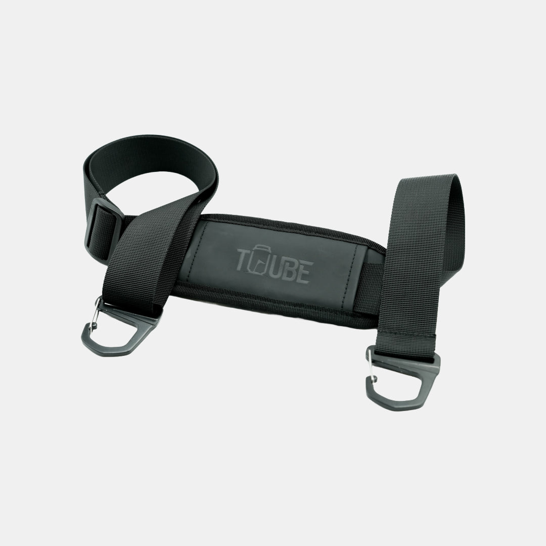 Tuube embossed shoulder strap close-up showing adjustment buckle and padded shoulder section for comfortable cooler carry