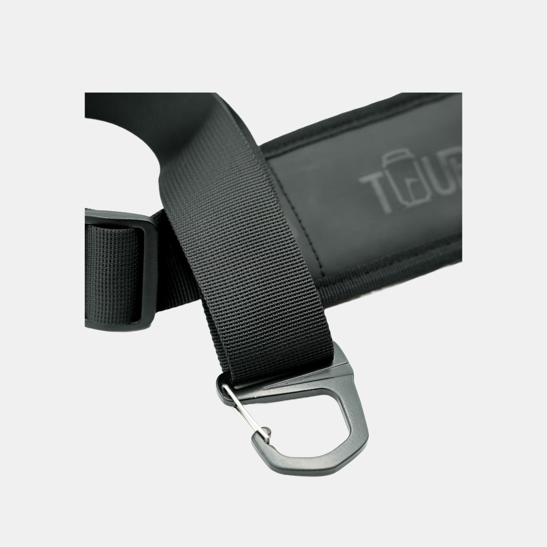 Tuube embossed shoulder strap detail showing clip hardware that attaches securely to Tuube 2.0 and XL cooler bags
