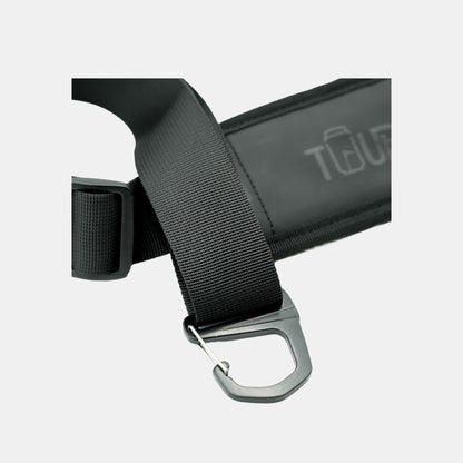Tuube embossed shoulder strap detail showing clip hardware that attaches securely to Tuube 2.0 and XL cooler bags
