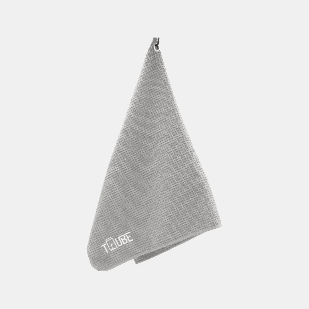 Grey Tuube microfiber towel, soft microfiber with carabiner for golf bag attachment