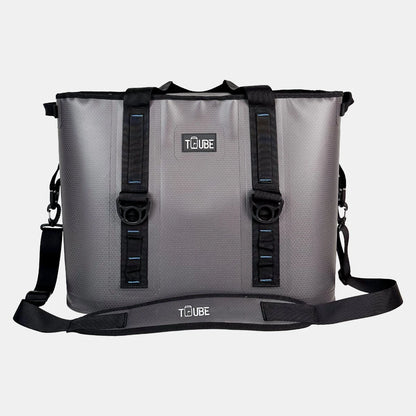 Tuube Traveller 36L insulated cooler bag product detail showing EVA 25mm insulation thickness and 100% leakproof zipper closure