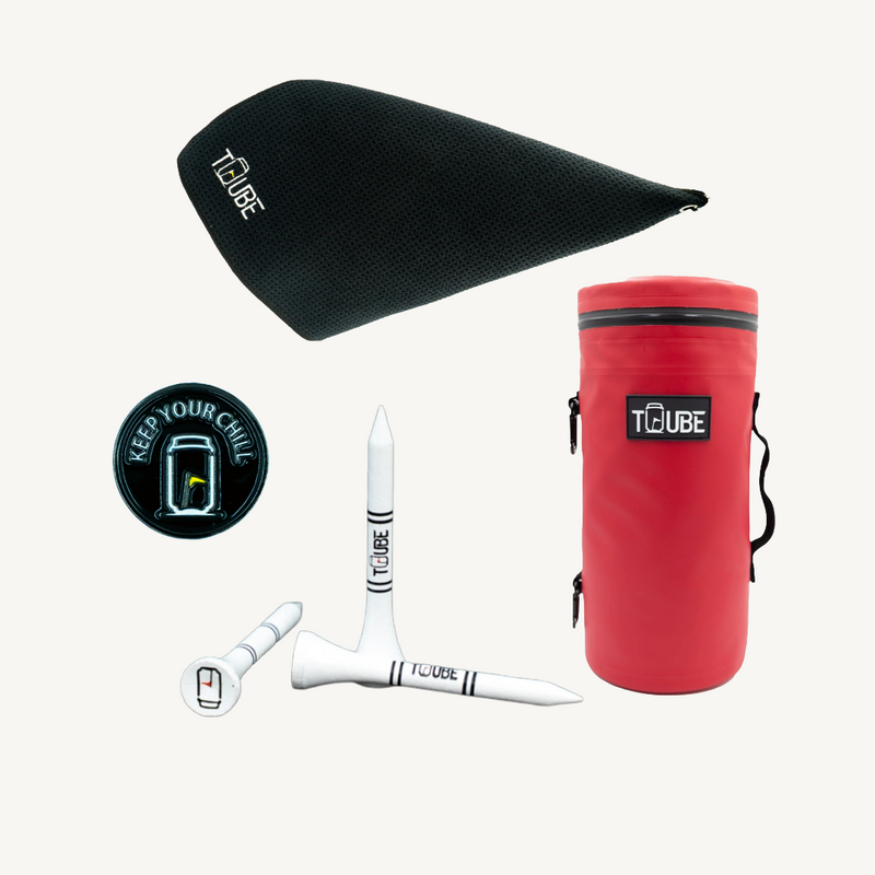 Tuube Microfibre Towel, Tuube 2.0 Red, Tuube Tees, Tuube Keep Your Chill Ball Marker - Golf accessory bundle