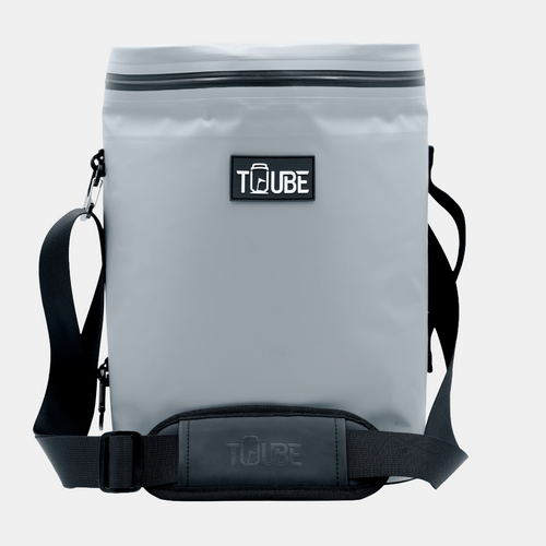 Tuube Weekender 8L insulated cooler bag in grey, upright product shot showing PVC tarpaulin exterior, leakproof zipper, and carry handle