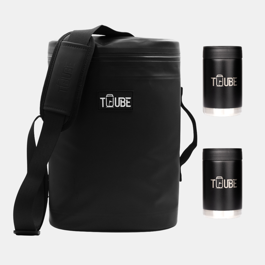 Black Tuube Ultimate Weekender Bundle showing Weekender 8L black cooler and two stainless steel cooler
