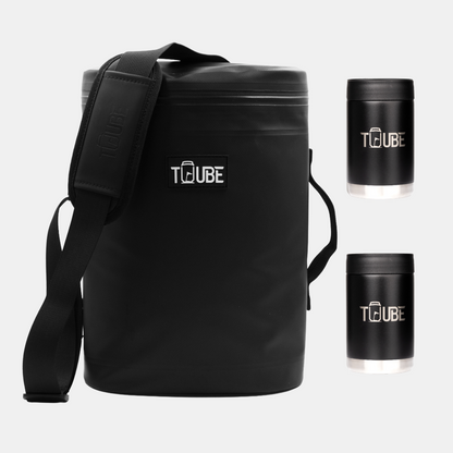 Black Tuube Ultimate Weekender Bundle showing Weekender 8L black cooler and two stainless steel cooler