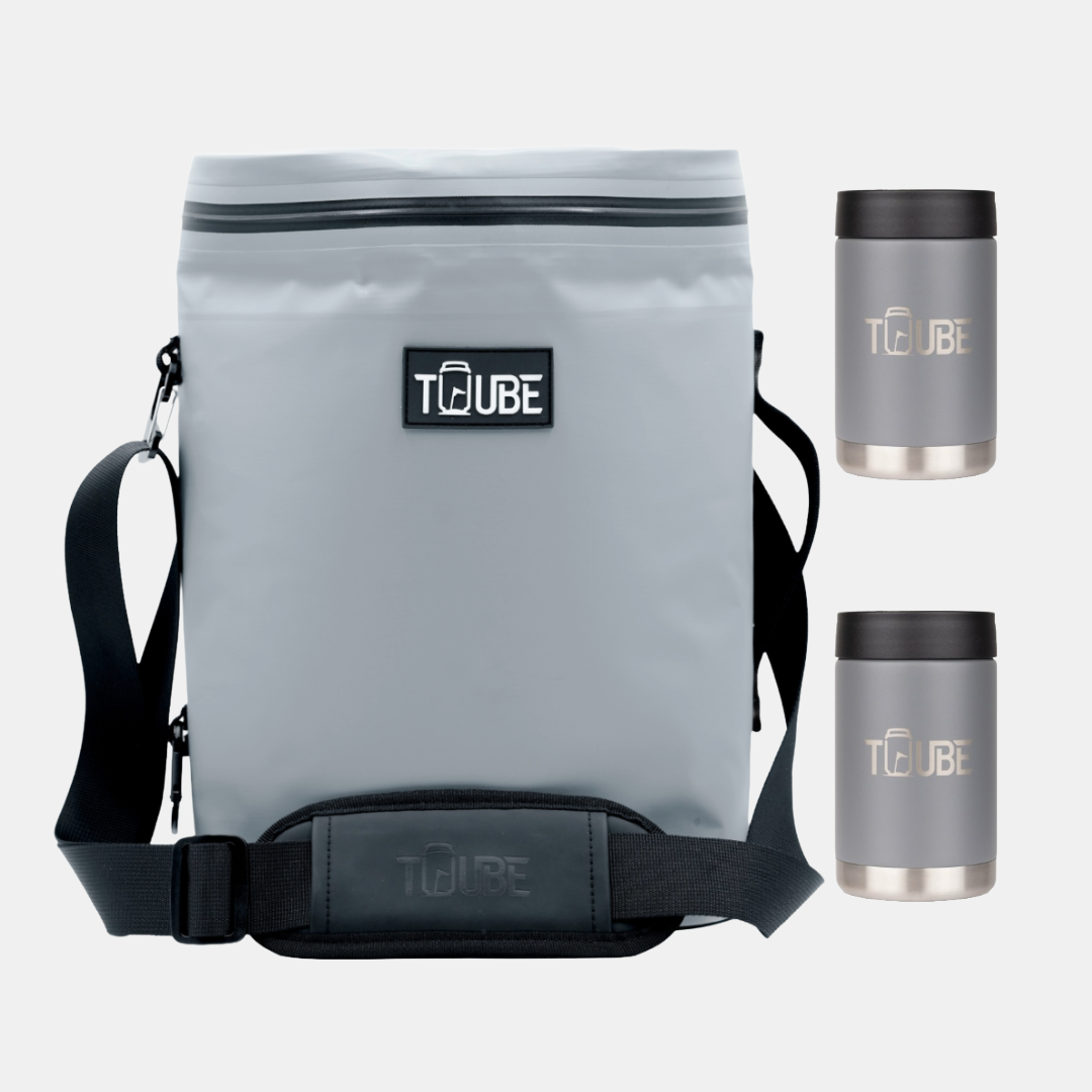 Grey Tuube Ultimate Weekender Bundle flat-lay showing Weekender 8L grey cooler and two stainless steel cooler on white background