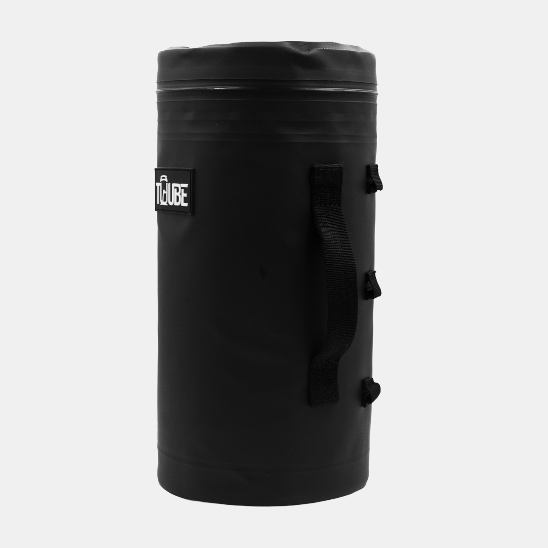 Black Tuube Cooler Bag XL product close-up showing leakproof zipper and 25mm reinforced carry handle