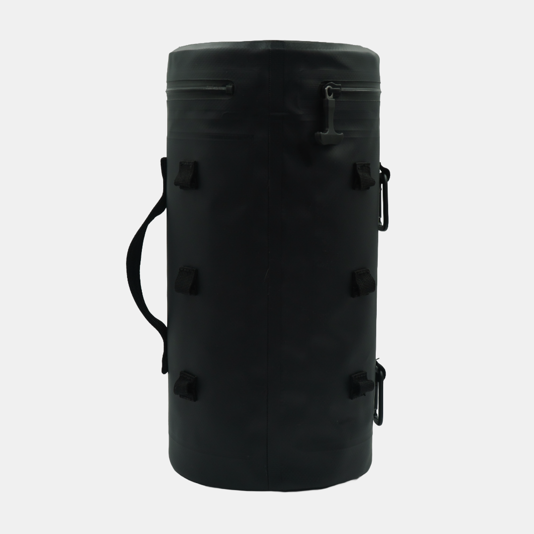 Black Tuube XL cooler bag rear view showing 6 looping points and PVC tarpaulin outer coating, attachable golf cooler