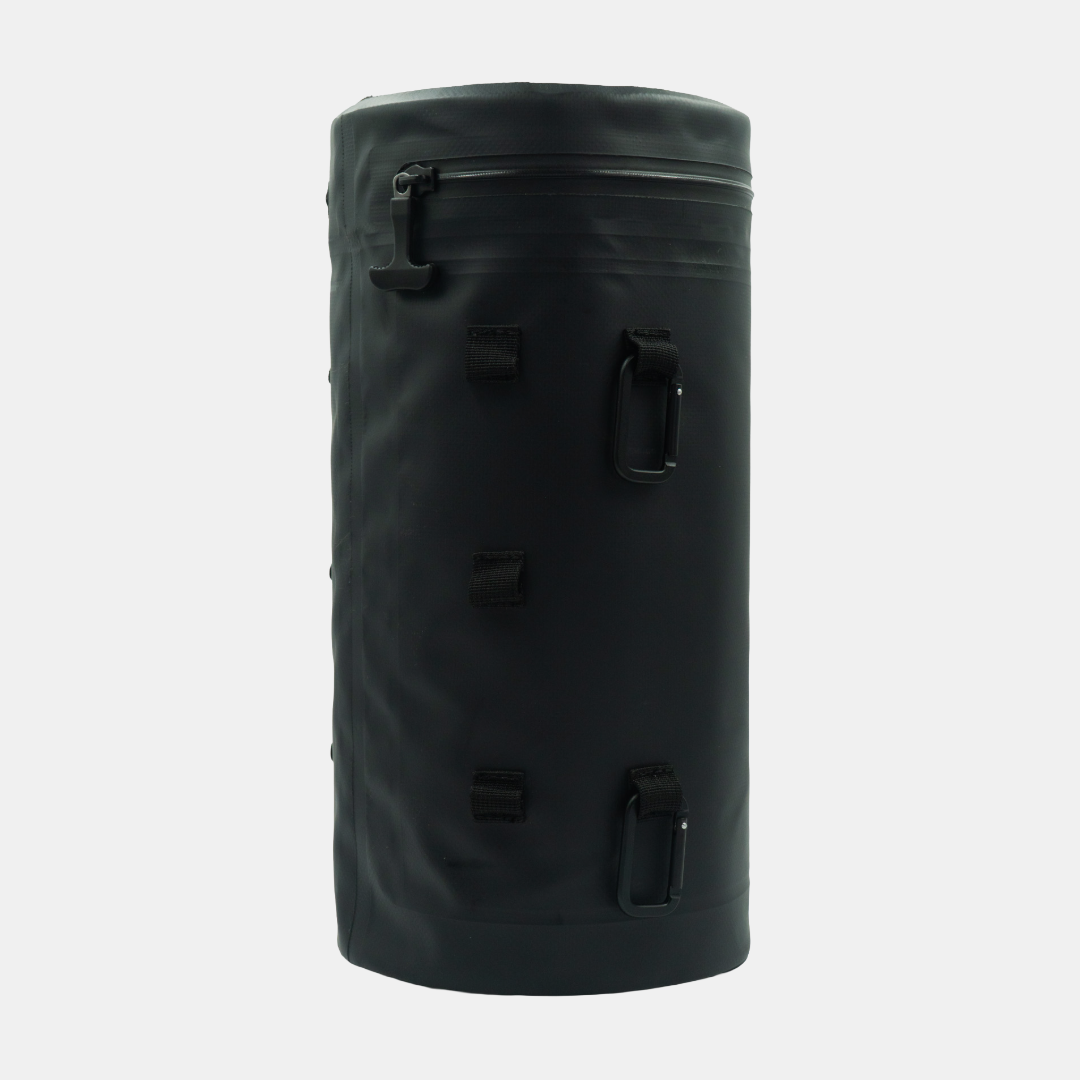 Black Tuube XL cooler bag open view showing insulated interior with 8 cans and ice, leakproof for cart and carry bags