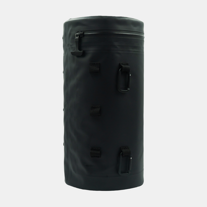 Black Tuube XL cooler bag open view showing insulated interior with 8 cans and ice, leakproof for cart and carry bags