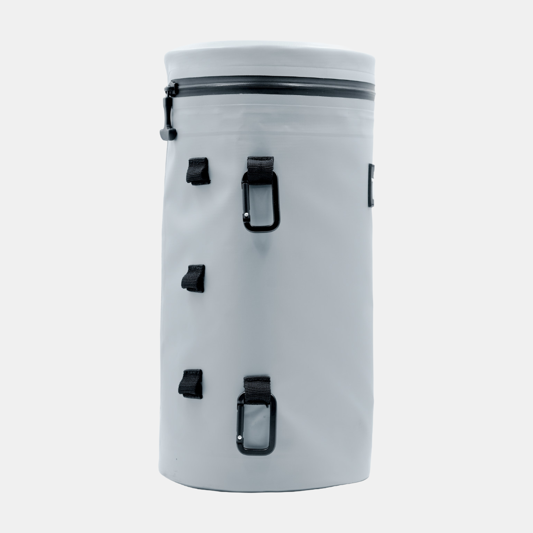 Grey Tuube Cooler Bag XL side profile showing 8mm NBR insulation depth and PVC tarpaulin exterior material