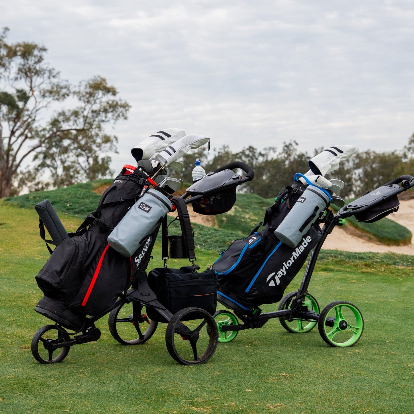 Grey Tuube XL cooler bag attached to a golf cart bag showing extended capacity versus the standard 2.0 model