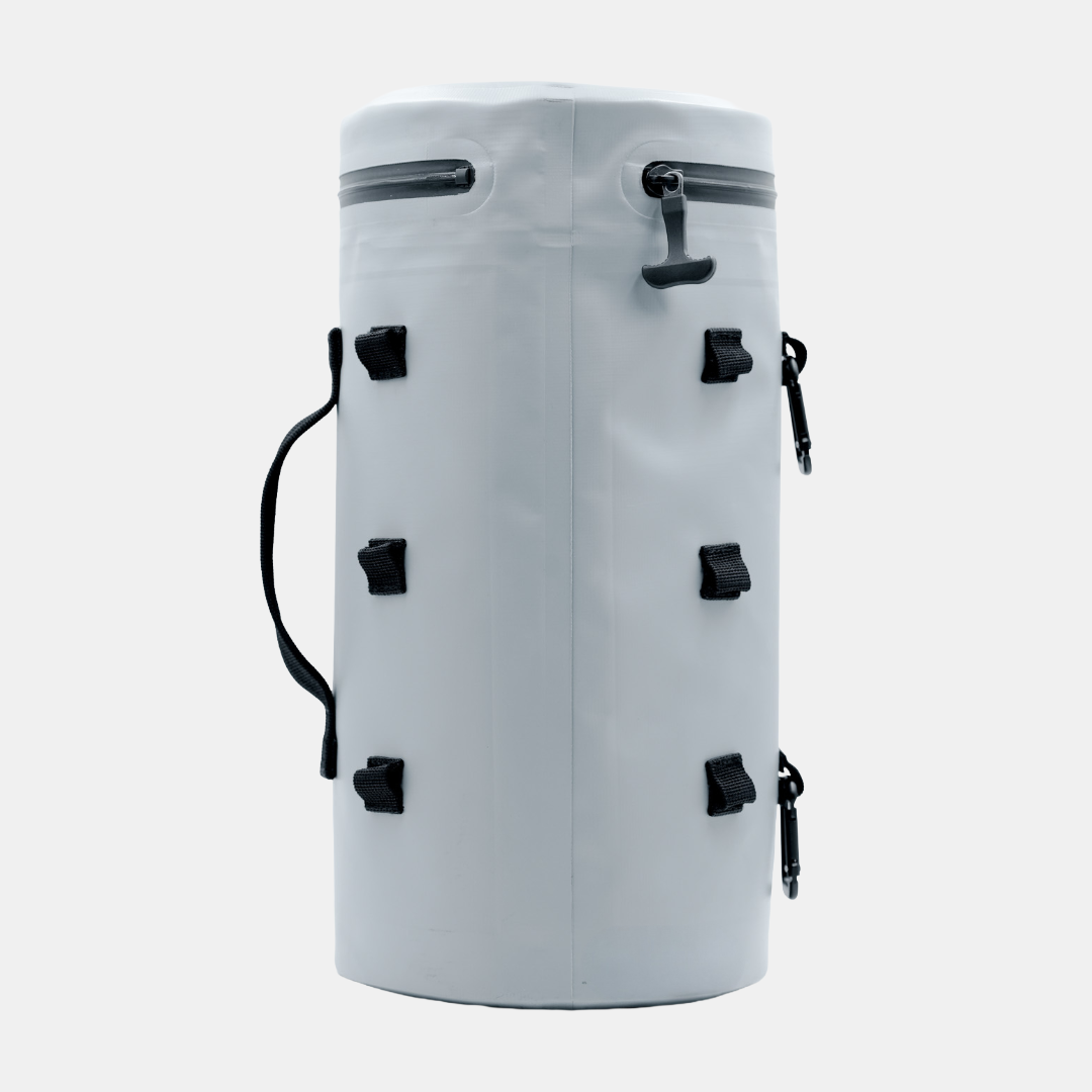 Grey Tuube XL cooler bag rear view showing 6 looping points and heat-welded seams, attachable golf bag cooler