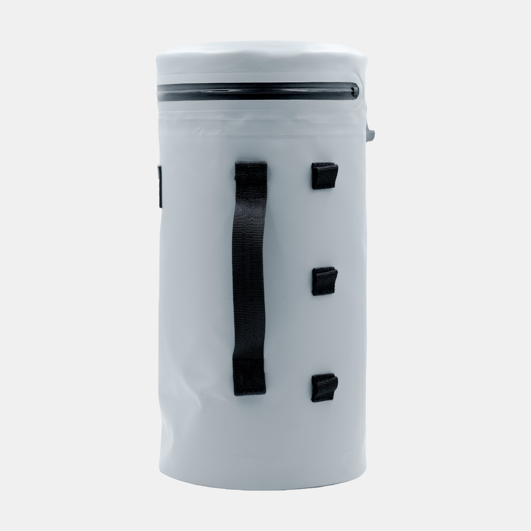 Grey Tuube Cooler Bag XL side profile showing 8mm NBR insulation depth and PVC tarpaulin exterior material