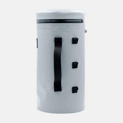 Grey Tuube Cooler Bag XL side profile showing 8mm NBR insulation depth and PVC tarpaulin exterior material